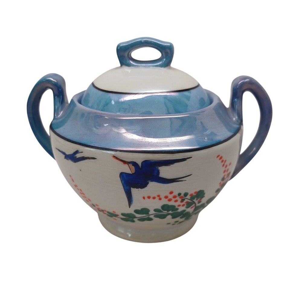 Vintage Japanese Lustreware Sugar Bowl Hand Painted Blue Bird Iridescent Japan
